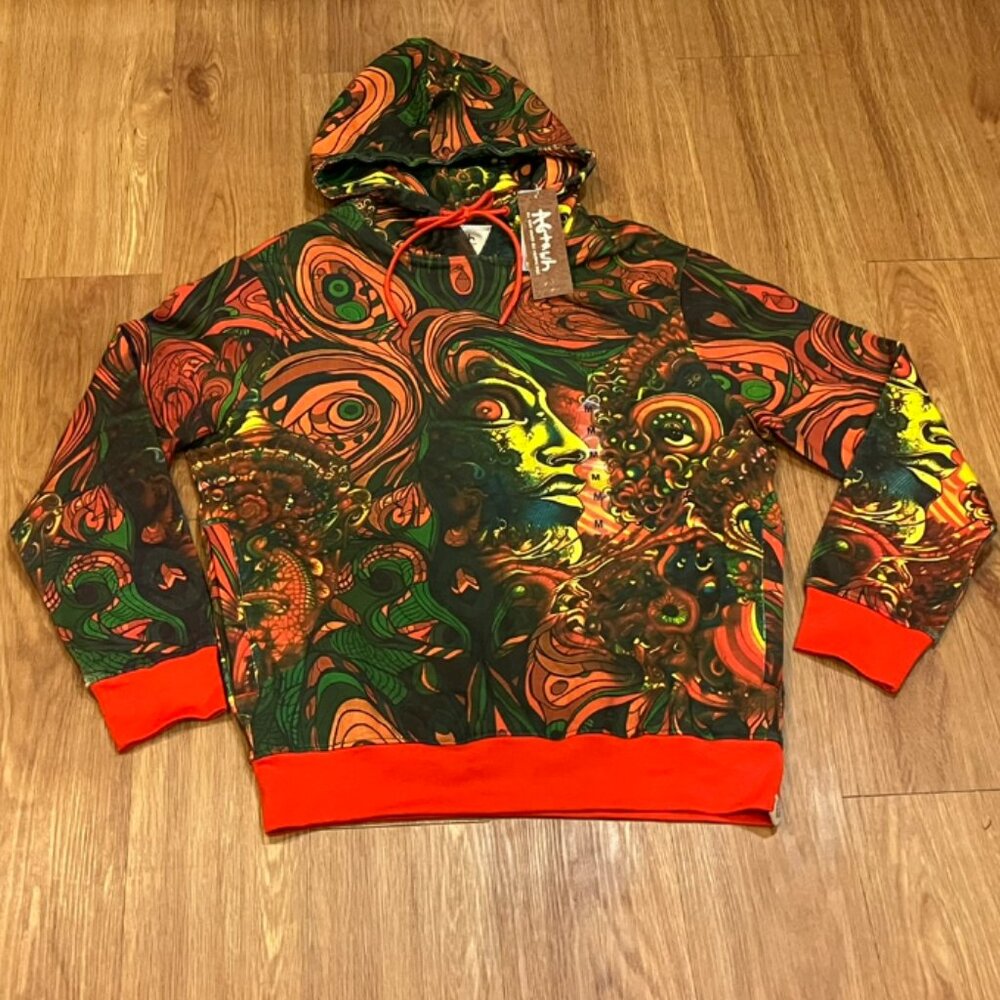 AGTAWH Men French Terry Abstract Motif Print Hoodie Multicolor Size XL